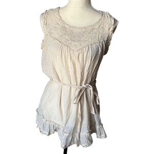 A Diva Women's Ivory Embroidered Lace Trim Sleeveless Gauze Tunic Top Size M